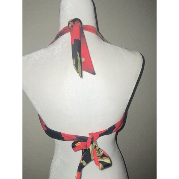 Unique Vintage Swimsuit Top Only 2XL Black Red Halter Hawaiian Tropical - Picture 5 of 7